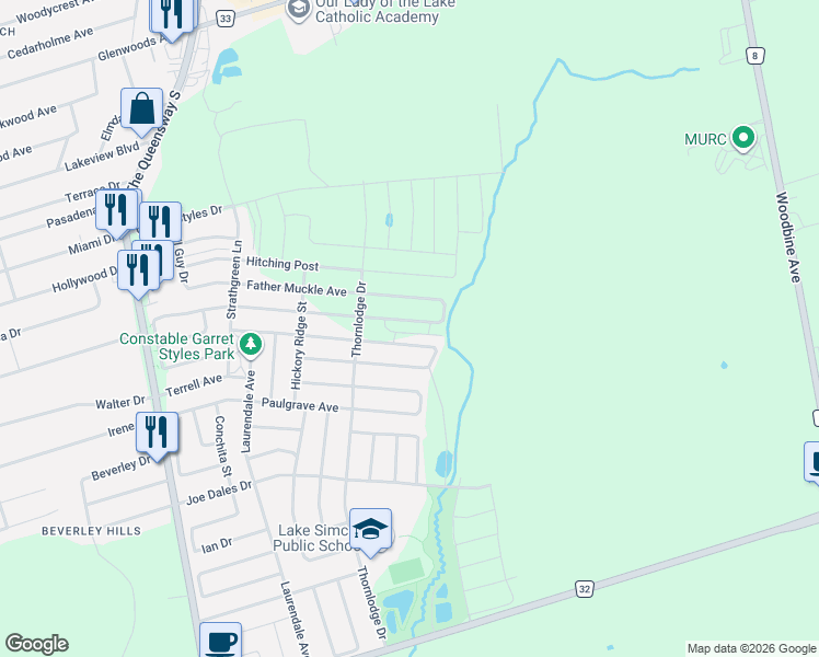 map of restaurants, bars, coffee shops, grocery stores, and more near 21 Lorrain Hand Crescent in Georgina