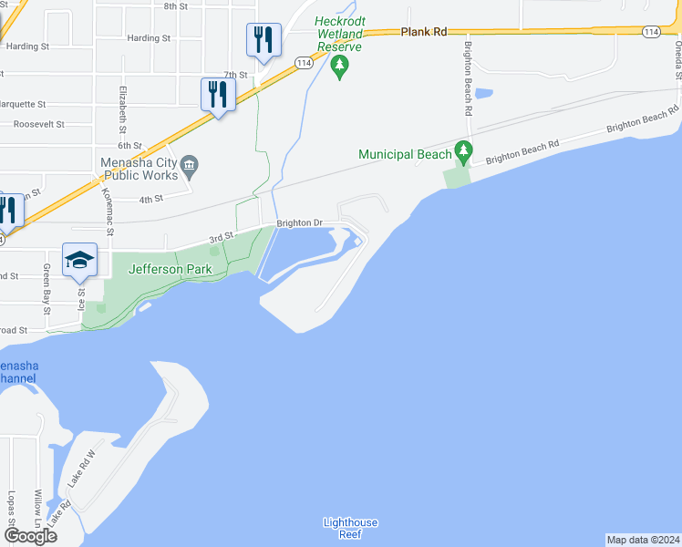 map of restaurants, bars, coffee shops, grocery stores, and more near 1022 Brighton Drive in Menasha