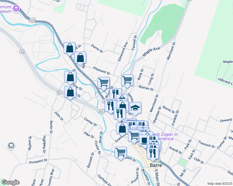 map of restaurants, bars, coffee shops, grocery stores, and more near 12 Laurel Street in Barre