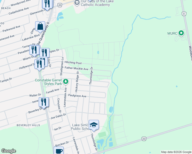 map of restaurants, bars, coffee shops, grocery stores, and more near 7 Lorrain Hand Crescent in Georgina
