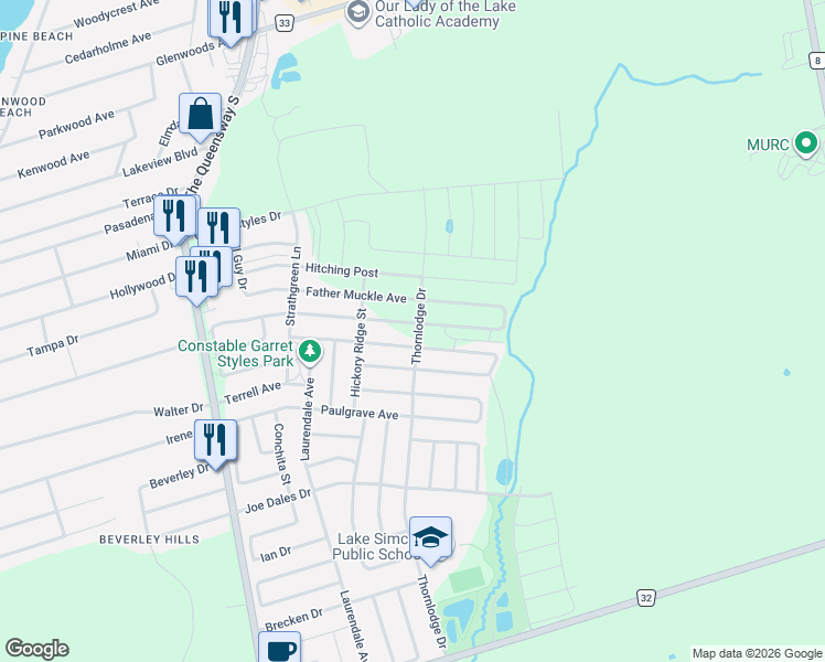 map of restaurants, bars, coffee shops, grocery stores, and more near 57 Faimira Avenue in Georgina