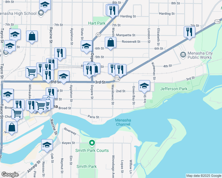 map of restaurants, bars, coffee shops, grocery stores, and more near 105 Manitowoc Street in Menasha