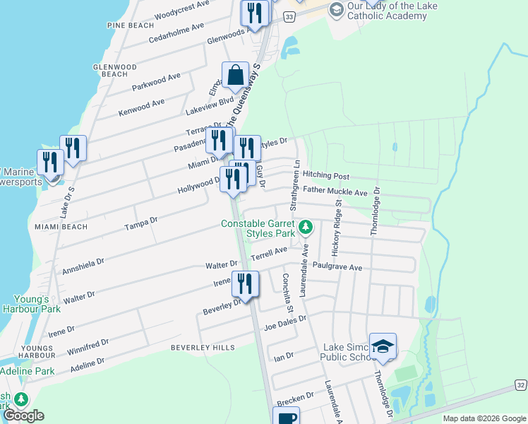 map of restaurants, bars, coffee shops, grocery stores, and more near 14 Clear Spring Avenue in Georgina