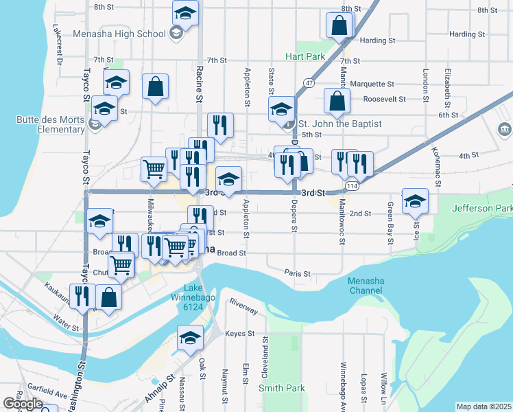 map of restaurants, bars, coffee shops, grocery stores, and more near 109 Appleton Street in Menasha