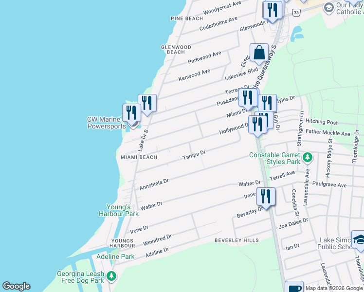 map of restaurants, bars, coffee shops, grocery stores, and more near 331 Hollywood Drive in Georgina