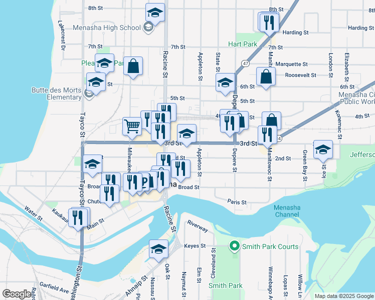 map of restaurants, bars, coffee shops, grocery stores, and more near 540 2nd Street in Menasha