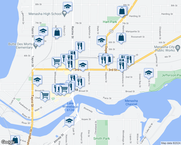 map of restaurants, bars, coffee shops, grocery stores, and more near 209 Appleton Street in Menasha