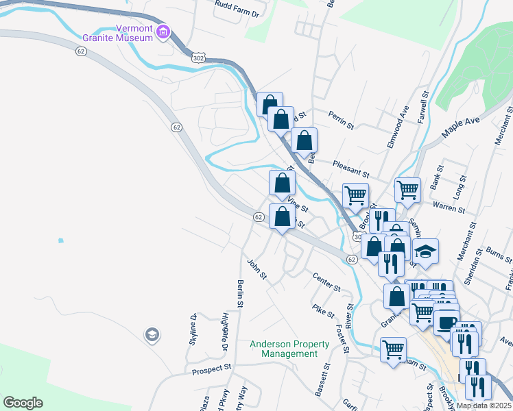 map of restaurants, bars, coffee shops, grocery stores, and more near 1 Foss Street in Barre