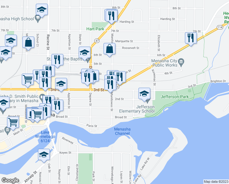 map of restaurants, bars, coffee shops, grocery stores, and more near 213 Manitowoc Street in Menasha