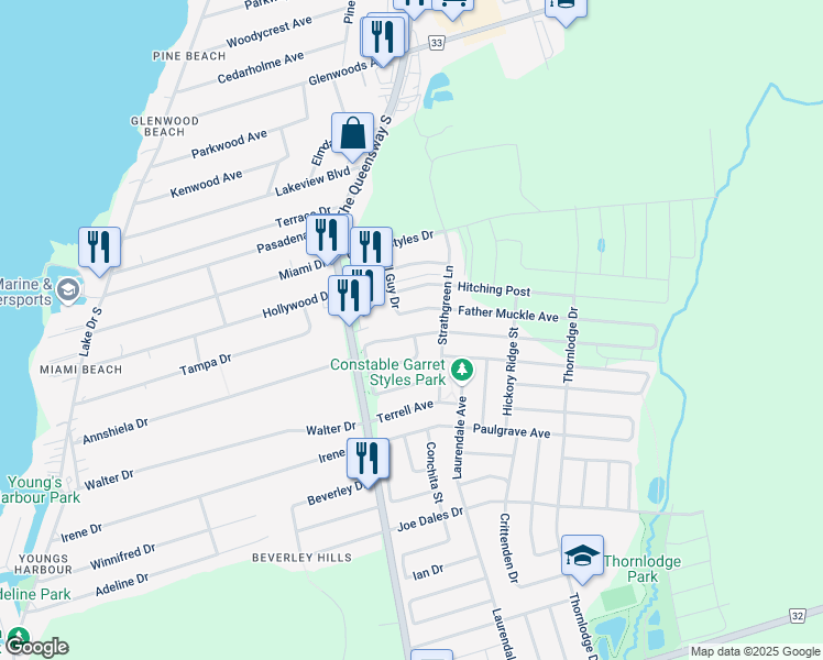 map of restaurants, bars, coffee shops, grocery stores, and more near 94 Kingknoll Crescent in Georgina