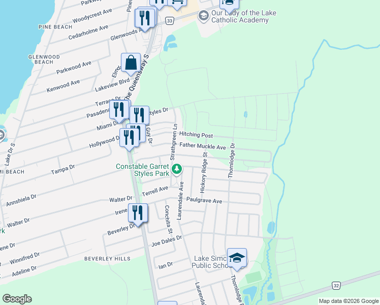 map of restaurants, bars, coffee shops, grocery stores, and more near 55 Strathgreen Lane in Georgina