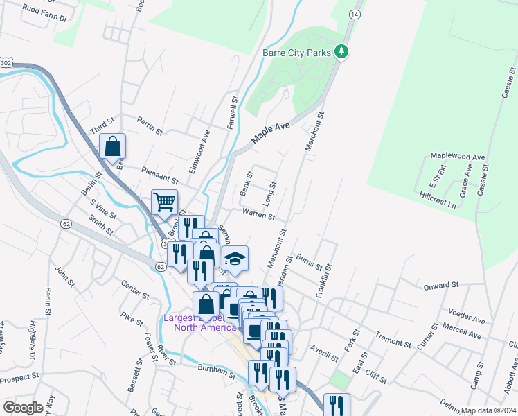 map of restaurants, bars, coffee shops, grocery stores, and more near 2 Long Street in Barre