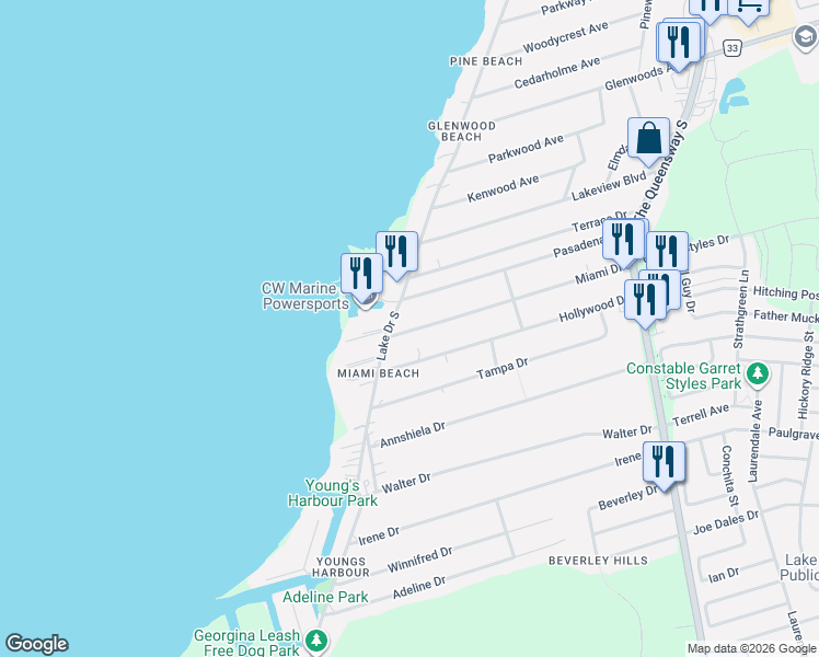 map of restaurants, bars, coffee shops, grocery stores, and more near 348 Miami Drive in Georgina