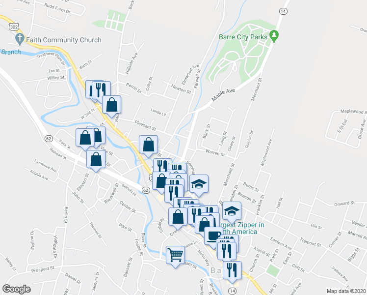 map of restaurants, bars, coffee shops, grocery stores, and more near 46 Maple Avenue in Barre