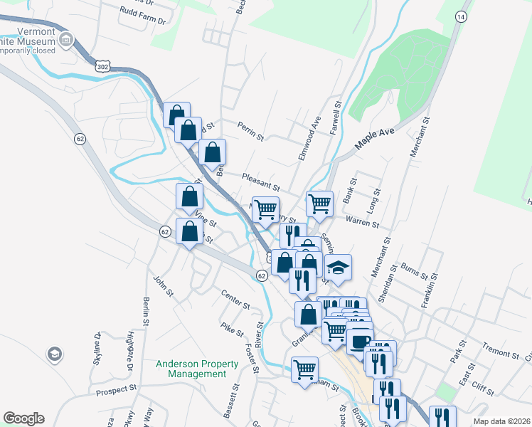 map of restaurants, bars, coffee shops, grocery stores, and more near 2 Thurston Place in Barre