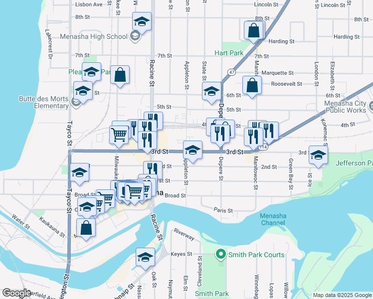 map of restaurants, bars, coffee shops, grocery stores, and more near 600 3rd Street in Menasha
