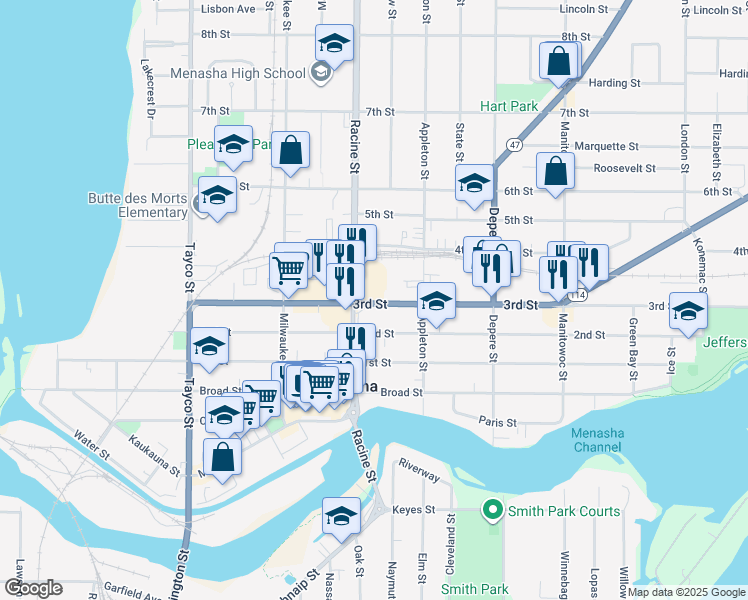map of restaurants, bars, coffee shops, grocery stores, and more near 528 3rd Street in Menasha