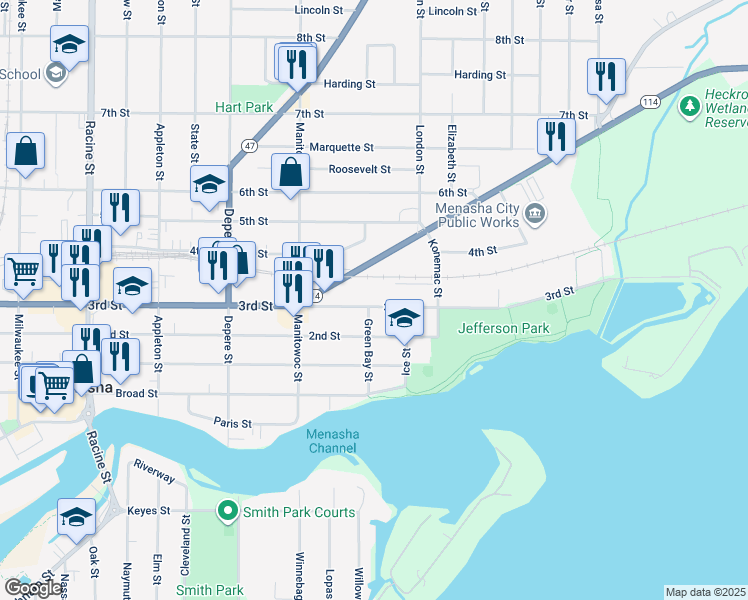 map of restaurants, bars, coffee shops, grocery stores, and more near 848 3rd Street in Menasha