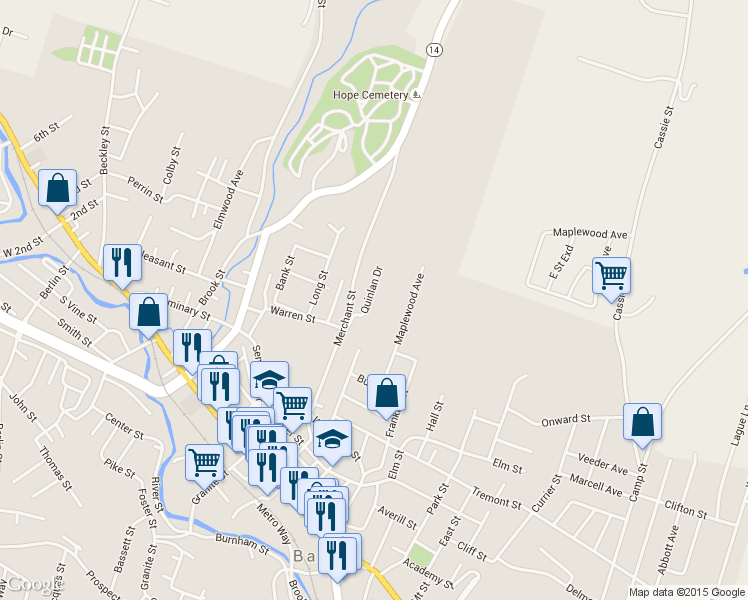 map of restaurants, bars, coffee shops, grocery stores, and more near 151 Quinlan Dr in Barre