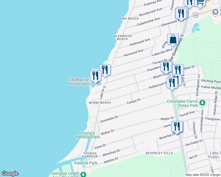 map of restaurants, bars, coffee shops, grocery stores, and more near 350 Miami Drive in Georgina