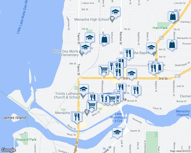map of restaurants, bars, coffee shops, grocery stores, and more near 348 3rd Street in Menasha