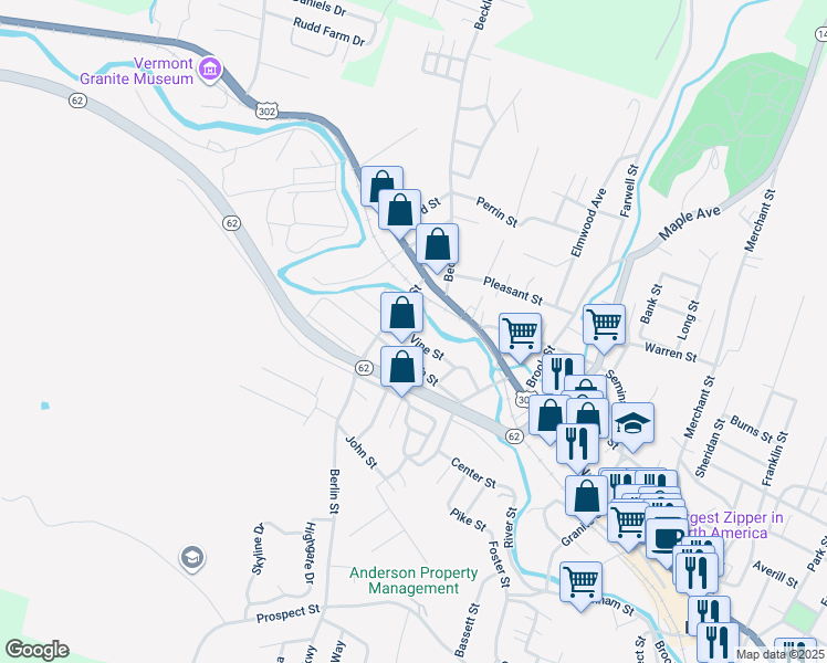 map of restaurants, bars, coffee shops, grocery stores, and more near 16 South Vine Street in Barre