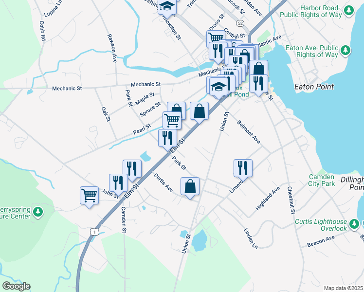 map of restaurants, bars, coffee shops, grocery stores, and more near 88 Elm Street in Camden