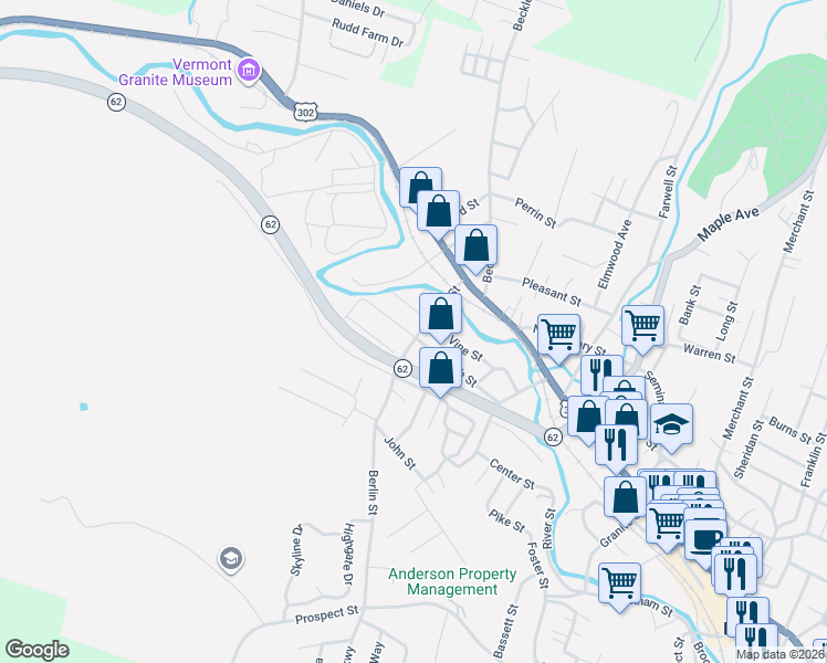 map of restaurants, bars, coffee shops, grocery stores, and more near 81 Smith Street in Barre