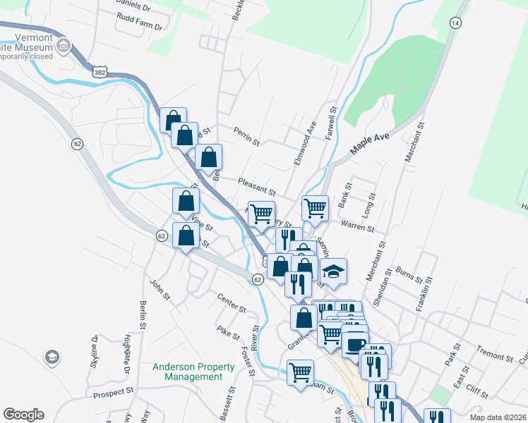 map of restaurants, bars, coffee shops, grocery stores, and more near 2 Thurston Place in Barre