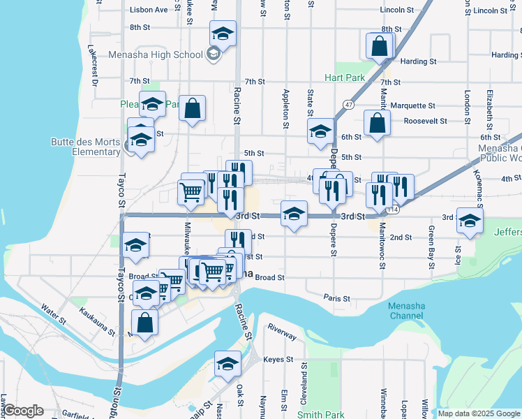 map of restaurants, bars, coffee shops, grocery stores, and more near 528 3rd Street in Menasha