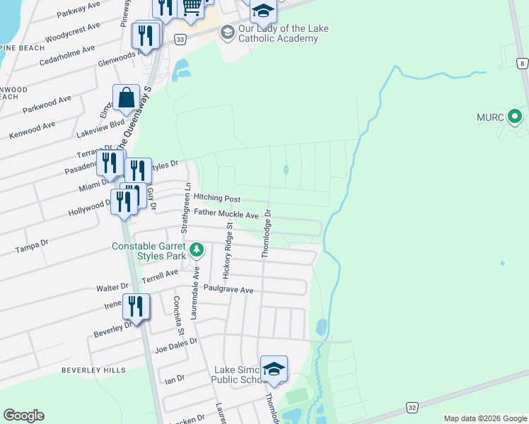 map of restaurants, bars, coffee shops, grocery stores, and more near 52 Father Muckle Avenue in Georgina