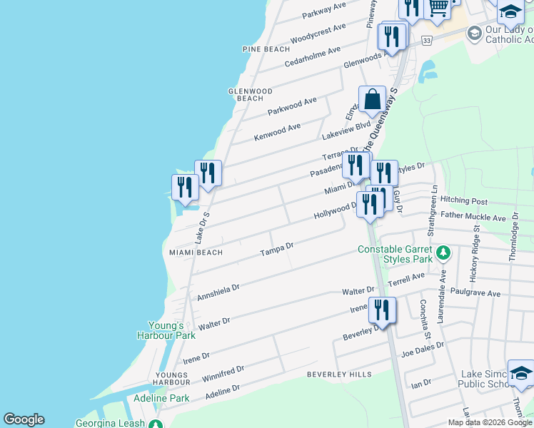 map of restaurants, bars, coffee shops, grocery stores, and more near 321 Miami Drive in Georgina
