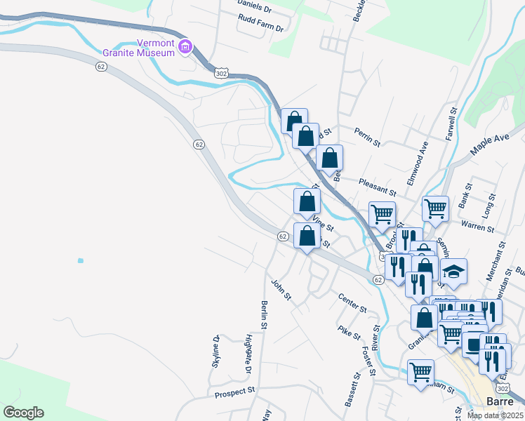 map of restaurants, bars, coffee shops, grocery stores, and more near 19 Foss Street in Barre
