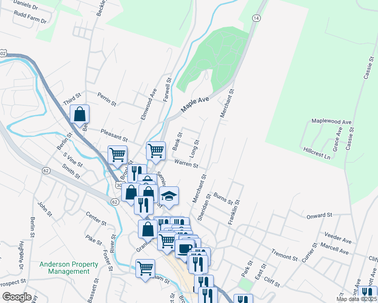 map of restaurants, bars, coffee shops, grocery stores, and more near 12 Long Street in Barre