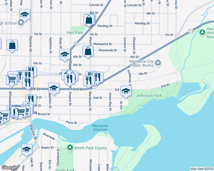 map of restaurants, bars, coffee shops, grocery stores, and more near 848 3rd Street in Menasha