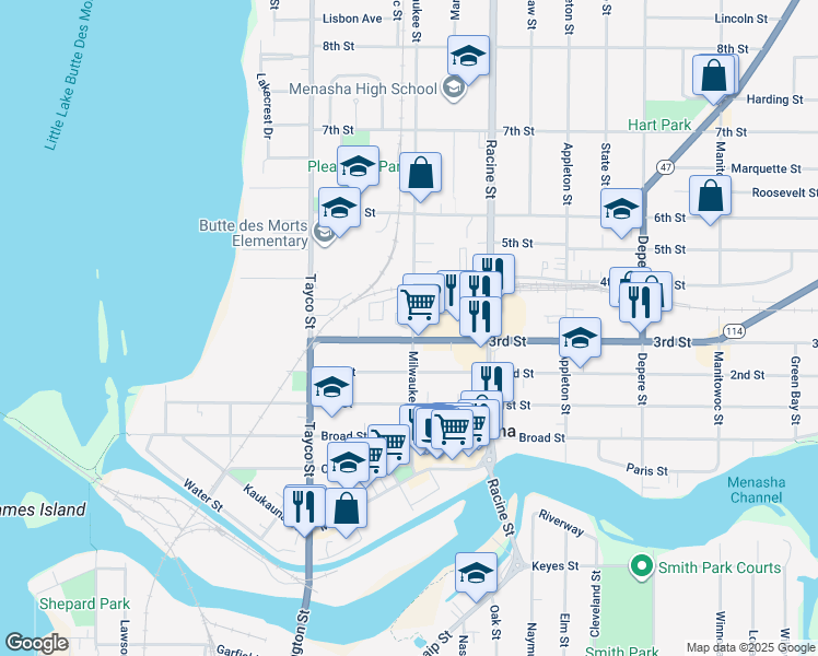 map of restaurants, bars, coffee shops, grocery stores, and more near 400 3rd Street in Menasha