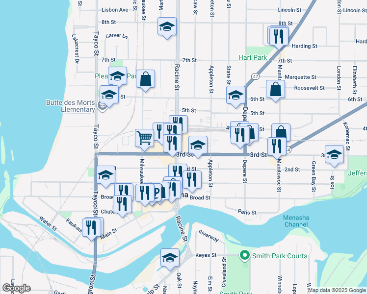 map of restaurants, bars, coffee shops, grocery stores, and more near 305 Racine Street in Menasha