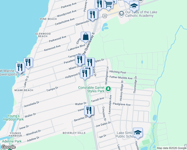 map of restaurants, bars, coffee shops, grocery stores, and more near 84 Kingknoll Crescent in Georgina