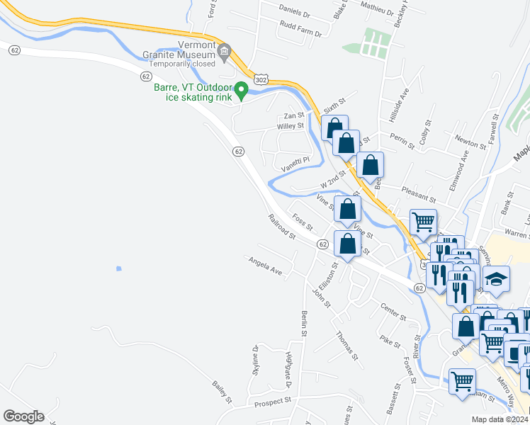 map of restaurants, bars, coffee shops, grocery stores, and more near 108 Railroad Street in Barre