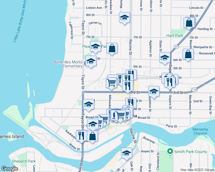 map of restaurants, bars, coffee shops, grocery stores, and more near 312 Milwaukee Street in Menasha
