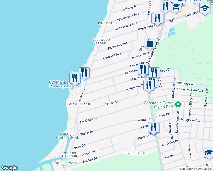 map of restaurants, bars, coffee shops, grocery stores, and more near 322 Miami Drive in Georgina