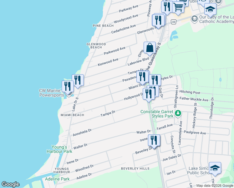 map of restaurants, bars, coffee shops, grocery stores, and more near 306 Hollywood Drive in Georgina