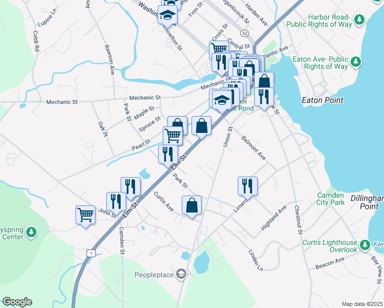 map of restaurants, bars, coffee shops, grocery stores, and more near 88 Elm Street in Camden