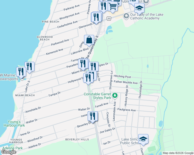 map of restaurants, bars, coffee shops, grocery stores, and more near 37 Bill Guy Drive in Georgina