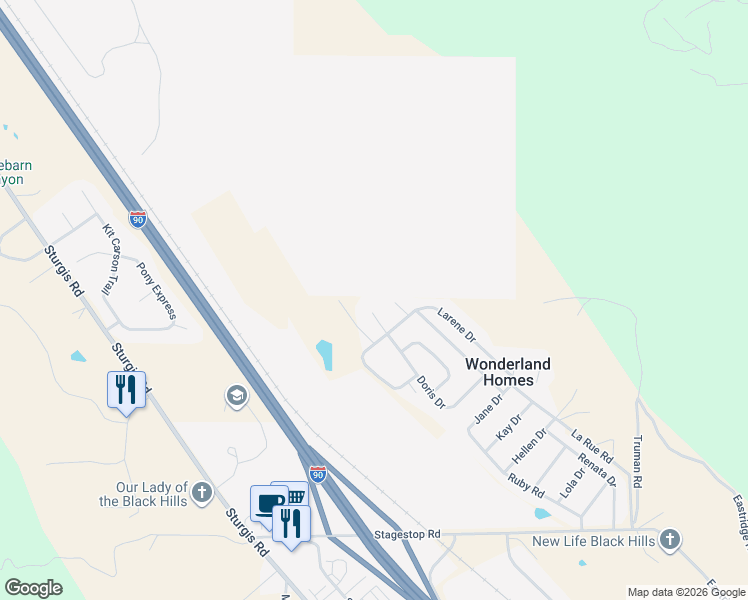 map of restaurants, bars, coffee shops, grocery stores, and more near 12916 Doris Court in Black Hawk