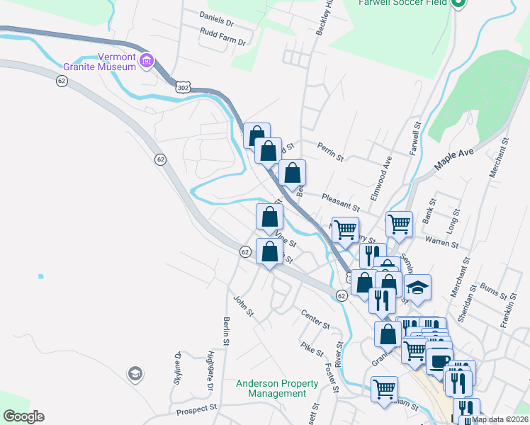 map of restaurants, bars, coffee shops, grocery stores, and more near 16 South Vine Street in Barre