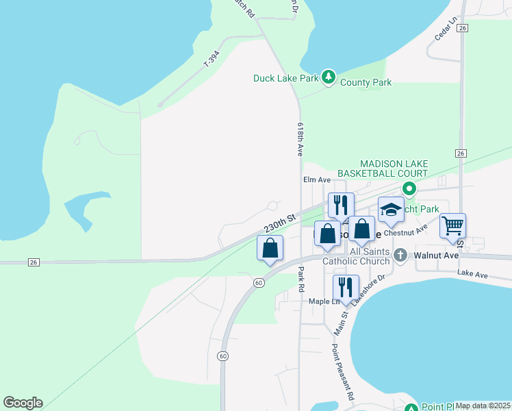 map of restaurants, bars, coffee shops, grocery stores, and more near 933 Three Lakes Court in Madison Lake