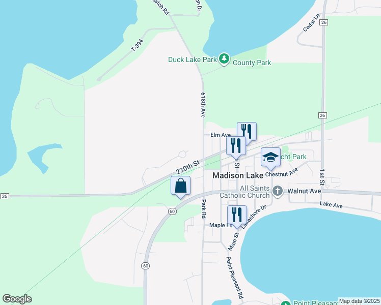 map of restaurants, bars, coffee shops, grocery stores, and more near 901 Three Lakes Court in Madison Lake