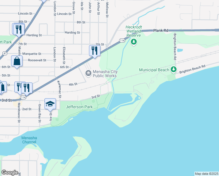 map of restaurants, bars, coffee shops, grocery stores, and more near 1000 3rd Street in Menasha