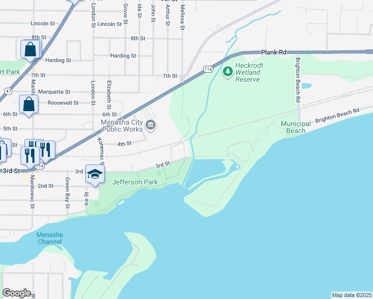 map of restaurants, bars, coffee shops, grocery stores, and more near 1000 3rd Street in Menasha